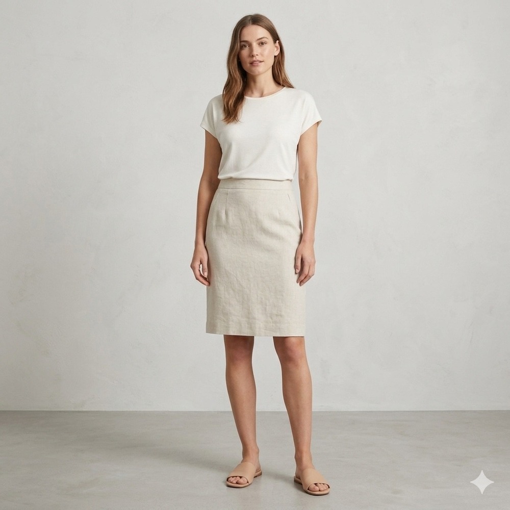 Chadwicks Pencil Skirt Womens 8 Beige Linen Blend Knee Length Minimalist Office